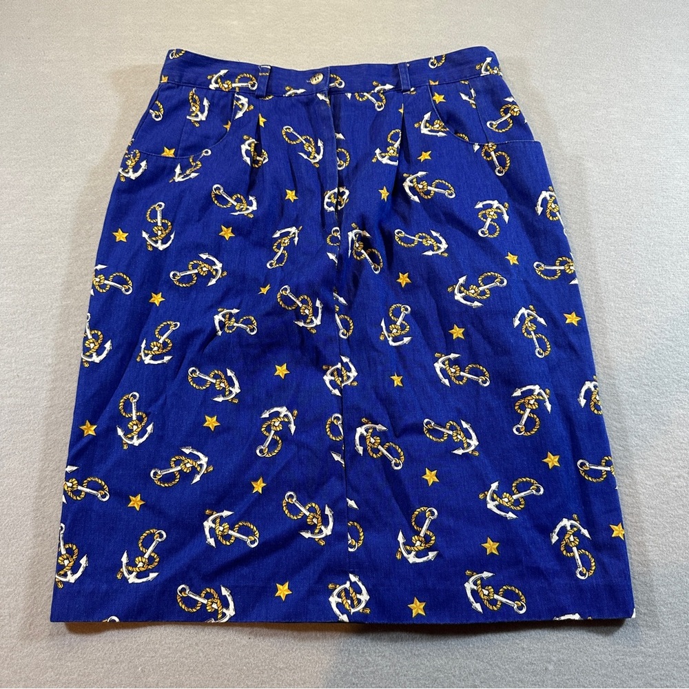 Vintage Fenwick Anchor Print Skirt Women’s Size 8 Blue Stars Rope Sailor‎